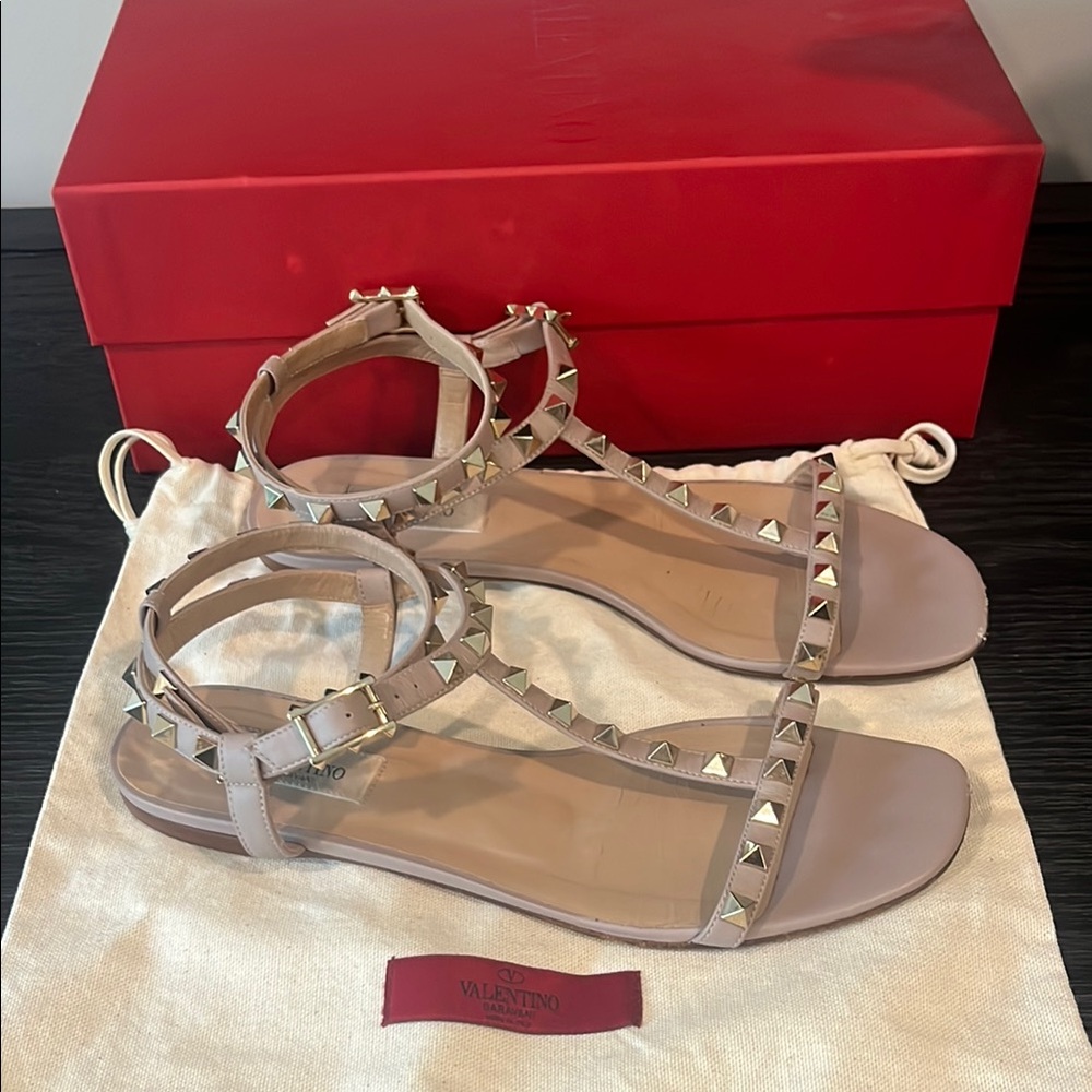 Valentino Tan Studded Sandals with Ankle Strap